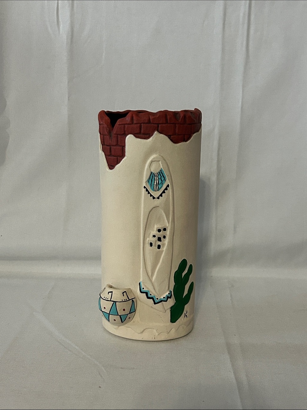 Native American Vase Art Pottery 3D 8 " Mud Dweller Scene w/Earth Mother